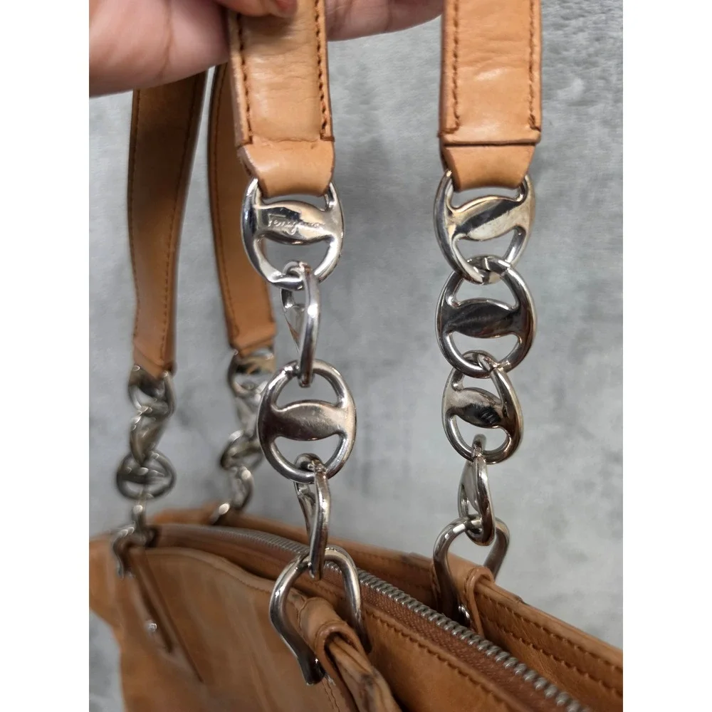 Salvatore Ferragamo Tan Leather Paneled Tote Bag Silver Chain Strap Italy